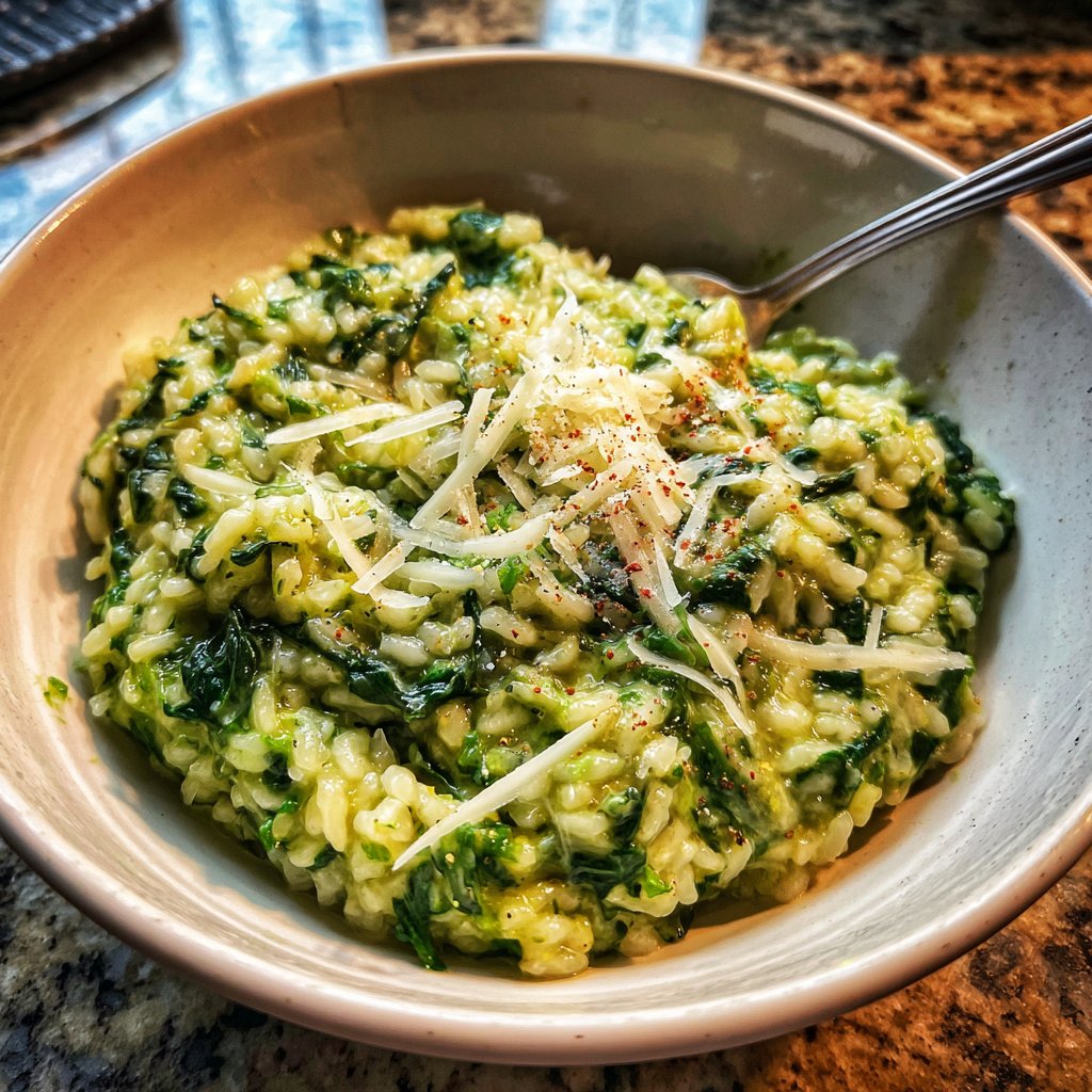 Abendessen mit cremigem Spinatrisotto