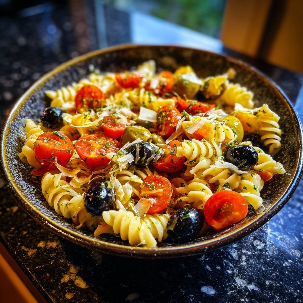 Mediterraner Nudelsalat Mit Oliven Und Tomaten